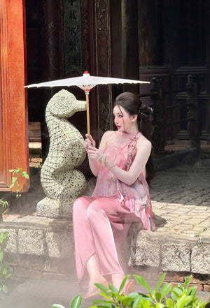 L17 Set Áo Cổ Yếm Quần Lụa