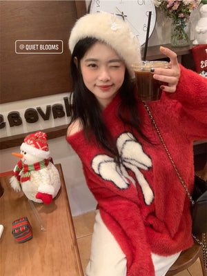 Red Fur Sweater with White Bow