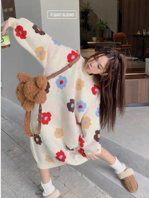 Flowers Knit Sweater Dress