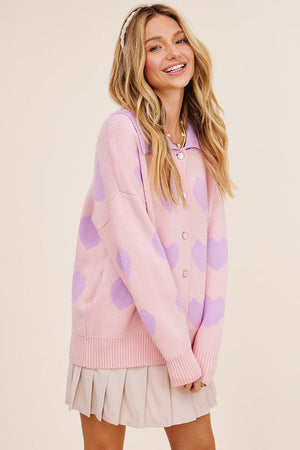 Alma Cardigan in Pink with Purple Heart