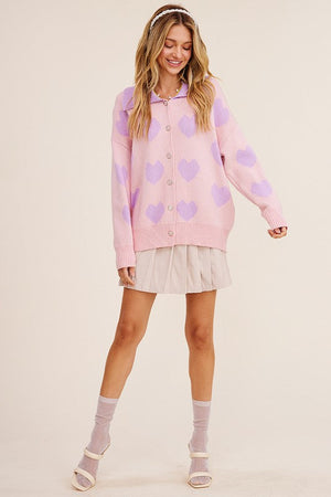 Alma Cardigan in Pink with Purple Heart