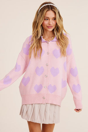 Alma Cardigan in Pink with Purple Heart