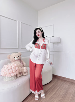 Round Neck Unique Details Premium Silk Pajamas 005