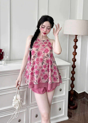 (Size XL: 120-160 lbs) Cute Short Sleeved Latin Silk Pajama Set