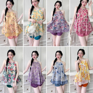 (Size XL: 120-160 lbs) Cute Short Sleeved Latin Silk Pajama Set