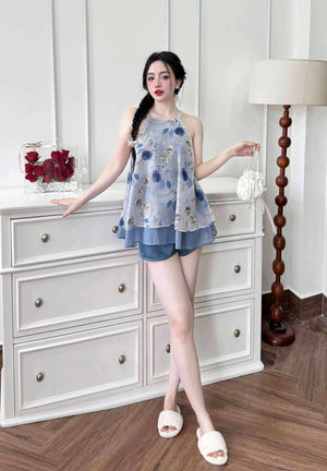 (Size XL: 120-160 lbs) Cute Short Sleeved Latin Silk Pajama Set