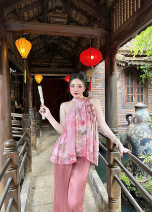 L17 Set Áo Cổ Yếm Quần Lụa