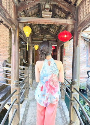 L21 Set Áo Cổ Yếm Quần Lụa