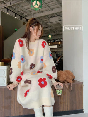 Flowers Knit Sweater Dress