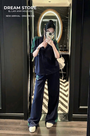 Set Short Sleeves Button Up Top and Long Pants