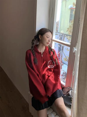 “We Love Whatever” Smiley Red Cardigan