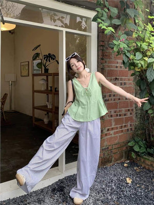 SET of 2 - Sleeveless Blouse Top and Long Striped Pants