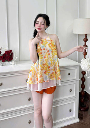 (Size XL: 120-160 lbs) Cute Short Sleeved Latin Silk Pajama Set