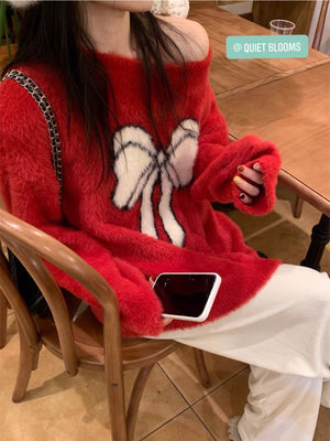 Red Fur Sweater with White Bow