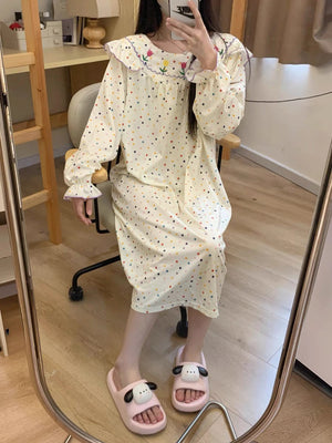 Embroidered Neckline Pajamas Sleepwear Dress #37