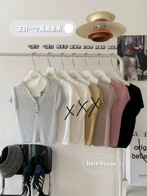 Stretchy Cropped Front Buttons Top