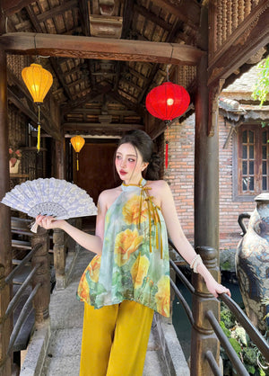 L16 Set Áo Cổ Yếm Quần Lụa