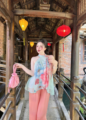 L21 Set Áo Cổ Yếm Quần Lụa