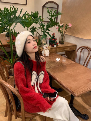 Red Fur Sweater with White Bow