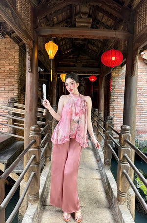 L17 Set Áo Cổ Yếm Quần Lụa