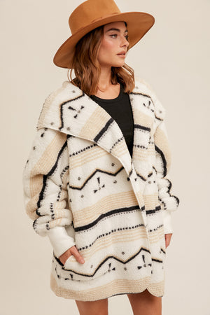 Bohemian Geo Stripe Print Sherpa Hoodie Cardigan