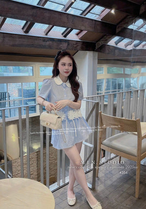 Blue Top and Lined Skirt Two-Piece Set