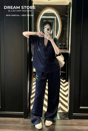 Set Short Sleeves Button Up Top and Long Pants