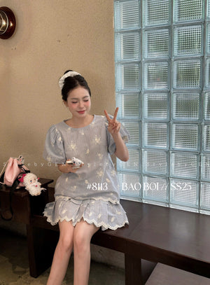 Blue Embroidered Top and Lined Skirt Two-Piece Set