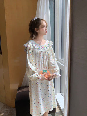 Embroidered Neckline Pajamas Sleepwear Dress #37