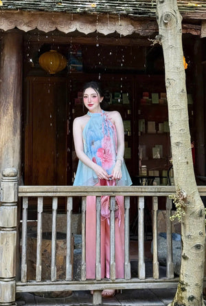 L21 Set Áo Cổ Yếm Quần Lụa