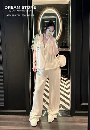 Set Short Sleeves Button Up Top and Long Pants