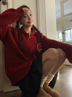 “We Love Whatever” Smiley Red Cardigan