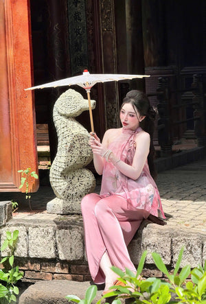 L17 Set Áo Cổ Yếm Quần Lụa