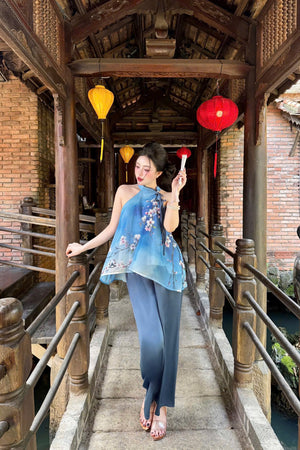 L19 Set Áo Cổ Yếm Quần Lụa