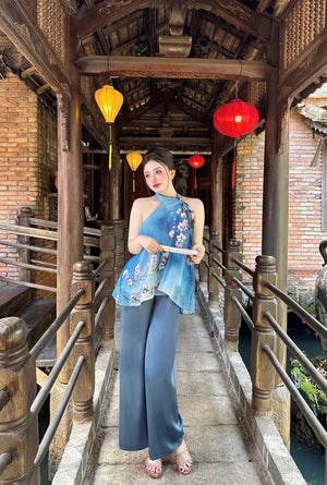 L19 Set Áo Cổ Yếm Quần Lụa