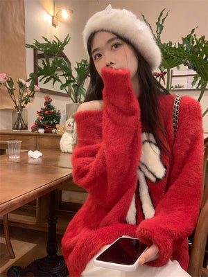 Red Fur Sweater with White Bow