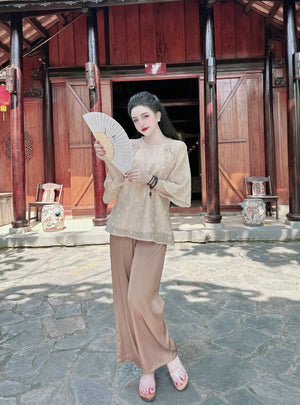 P11 - Pháp Phục Lam Tơ Thêu Hoa Nhí Áo Hai Lớp Cổ Tròn Nút Ngọc