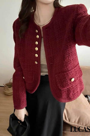Premium Tweed Jacket with Golden Buttons in Dark Red