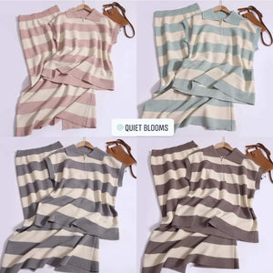 Set 2pc Striped Short Sleeves Top with Half Zipper and Midi Skirt