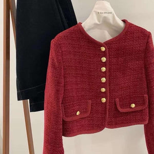 Premium Tweed Jacket with Golden Buttons in Dark Red