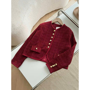 Premium Tweed Jacket with Golden Buttons in Dark Red