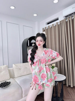 (90-120 lbs) Cute Short Sleeved Latin Silk Pajama Set