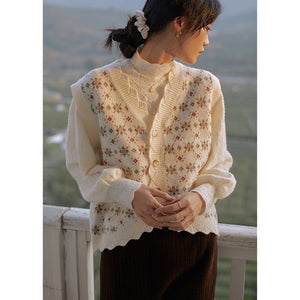 SET of 2 - Vintage inspired Lace Top with mini flowers printed Gilet Cardigan