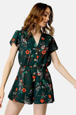 Short Sleeved Black Flowers Romper