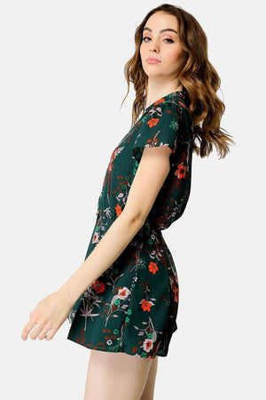 Short Sleeved Black Flowers Romper