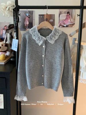 Lace Neckline Cardigan Sweater