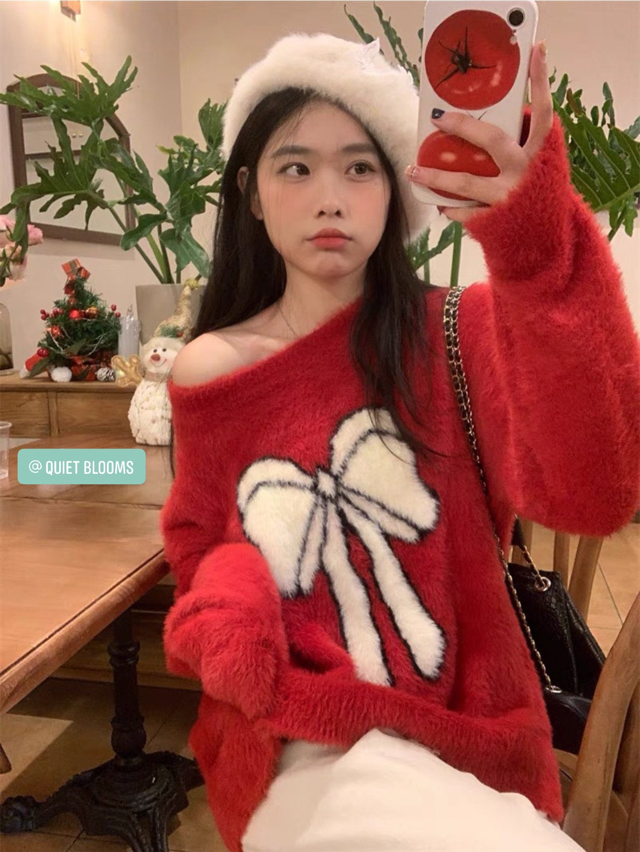 Red Fur Sweater with White Bow