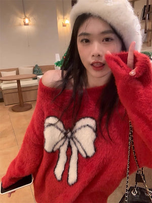 Red Fur Sweater with White Bow