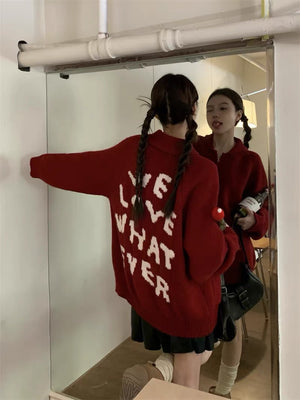 “We Love Whatever” Smiley Red Cardigan