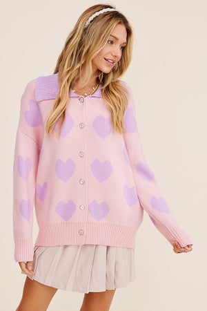 Alma Cardigan in Pink with Purple Heart